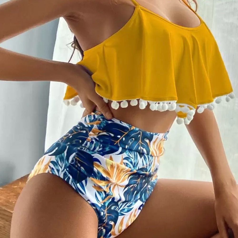 Yellow and Blue Floral Women's Swimwear